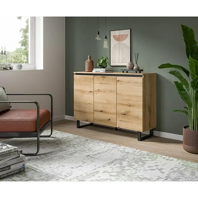 xonox.home Tomasa Sideboard - L x B x H: 36 x 120 x 84 cm, Evoke Eiche, Anzahl Türen: 4 Stk. - Ein geräumiges Sideboard aus hellem Holz mit schwarzen Akzenten, das viel Stauraum bietet und gleichzeitig stilvoll aussieht.