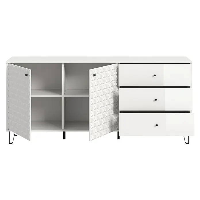 xonox.home Prisma Sideboard - L x B x H: 40 x 170 x 76 cm, Weiß, Anzahl Schubladen: 3 Stk., Anzahl Türen: 2 Stk. - Ein modernes weißes Sideboard mit strukturierten Türen und Schubladen bietet viel Stauraum und ein stilvolles Design für jedes Wohnzimmer.