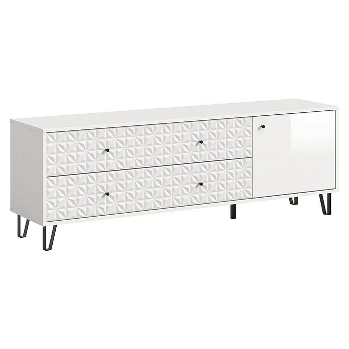 xonox.home Prisma Lowboard - L x B x H: 40 x 164 x 56 cm, Weiß - Weiße Kommode mit zwei Schubladen mit geometrischem Muster und einer Tür. Elegantes Möbelstück für ein modernes Zuhause.
