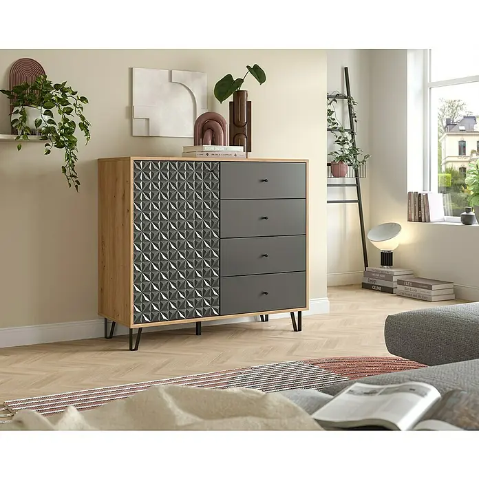 xonox.home Prisma Highboard - L x B x H: 40 x 110 x 96 cm, Eiche/Anthrazit - Eine moderne Kommode mit geometrischem Muster und grauen Schubladen, die ein stilvolles Möbelstück für jeden Raum darstellt.