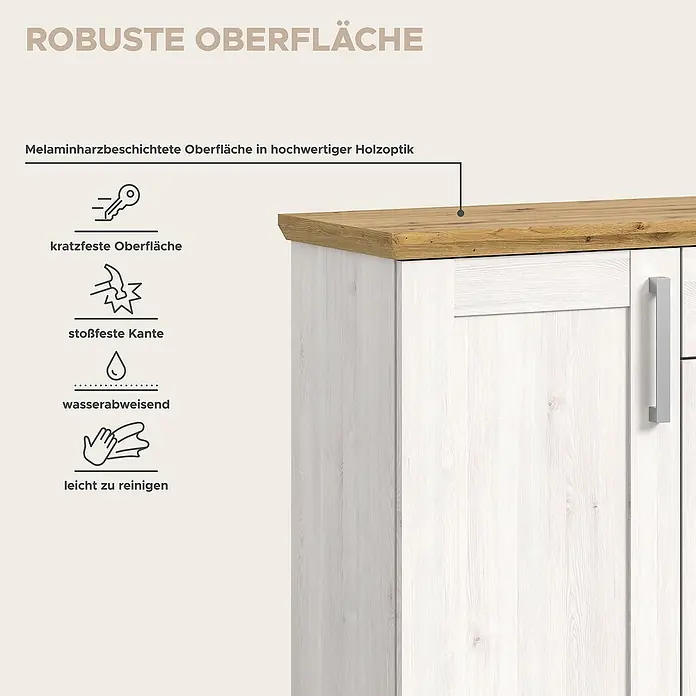 xonox.home Kommode - L x B x H: 39 x 137 x 88 cm, Weiß/Lärche, Anzahl Schubladen: 1 Stk. - Abbildung einer Kommode mit einer robusten, melaminharzbeschichteten Oberfläche in hochwertiger Holzoptik, kratzfest, stoßfest, wasserabweisend und leicht zu reinigen.
