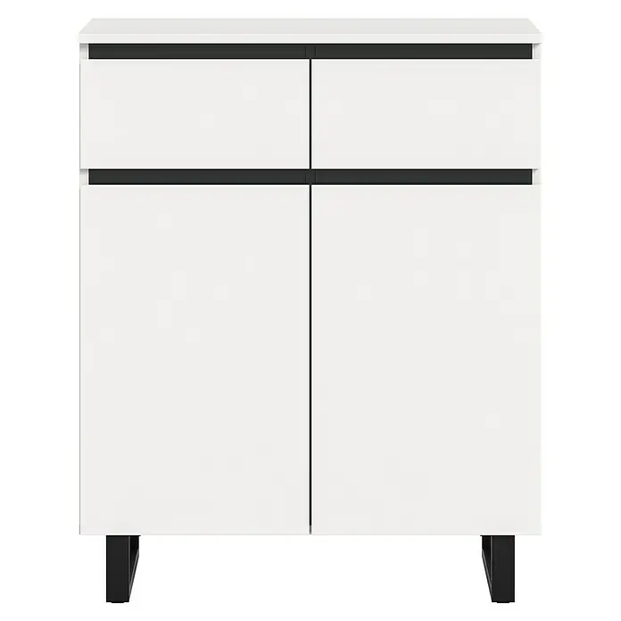 xonox.home Tomasa Kommode - L x B x H: 36 x 80 x 99 cm, Weiß, Anzahl Schubladen: 2 Stk. - Weißer Badschrank mit zwei Türen und schwarzen Griffen und Füßen.