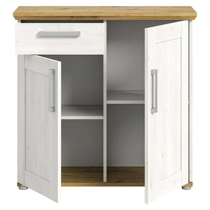 xonox.home Kommode - L x B x H: 39 x 90 x 88 cm, Weiß/Lärche, Anzahl Schubladen: 1 Stk. - Dieses Bild zeigt ein Sideboard mit einer hellen Holzplatte, einer Schublade und zwei offenen Türen, die Einblick auf die Regale geben.