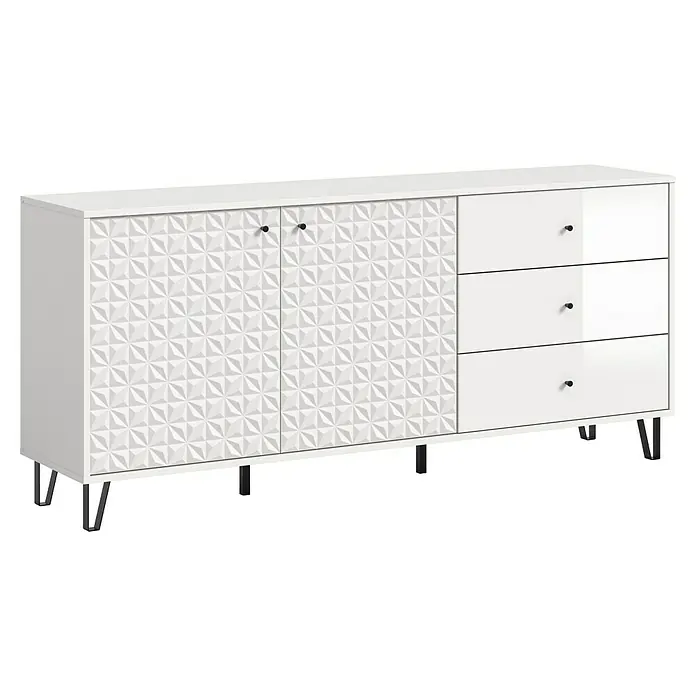 xonox.home Prisma Sideboard - L x B x H: 40 x 170 x 76 cm, Weiß, Anzahl Schubladen: 3 Stk., Anzahl Türen: 2 Stk. - Schicke weiße Anrichte mit dekorativen Türen und praktischen Schubladen. Ein Möbelstück, das Stil und Funktionalität vereint.