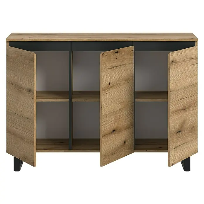 xonox.home Tomasa Sideboard - L x B x H: 36 x 120 x 84 cm, Evoke Eiche, Anzahl Türen: 4 Stk. - Modernes Sideboard mit drei offenen Türen in Holzoptik, ideal zur stilvollen Aufbewahrung und Präsentation.