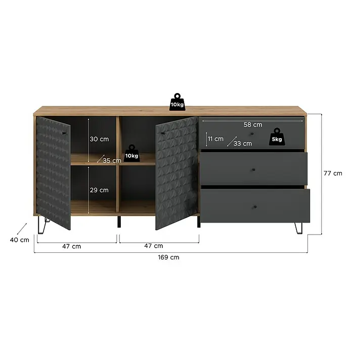 xonox.home Prisma Sideboard - L x B x H: 40 x 170 x 76 cm, Eiche/Anthrazit, Anzahl Schubladen: 3 Stk., Anzahl Türen: 2 Stk. - Abmessungen des Sideboards mit zwei Schrankfächern mit Türen, drei Schubladen und Gewichtsangaben.