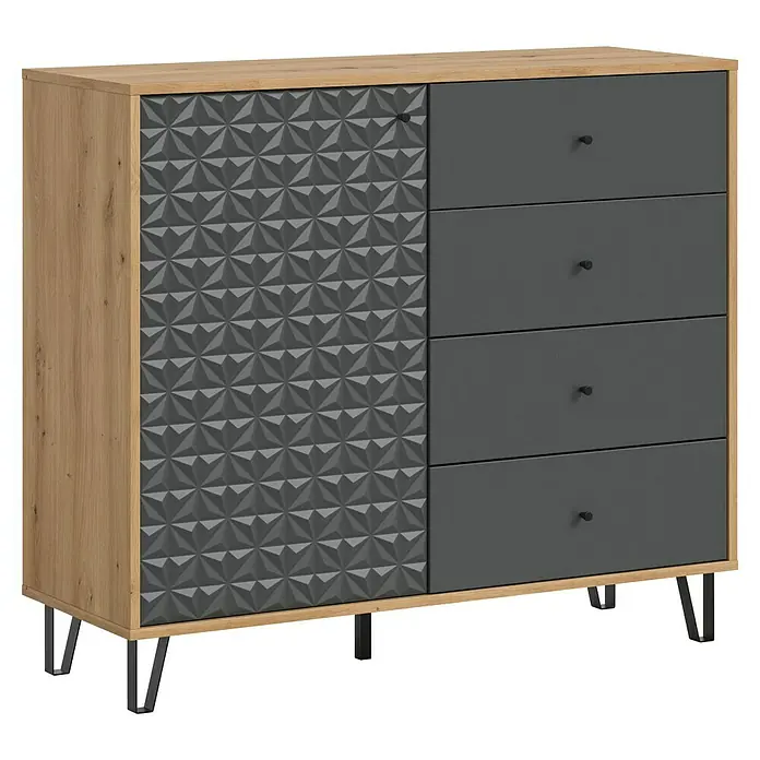 xonox.home Prisma Highboard - L x B x H: 40 x 110 x 96 cm, Eiche/Anthrazit - Moderne Kommode mit vier Schubladen, einer strukturierten Tür und einem hellen Holzrahmen für stilvolle Aufbewahrung.