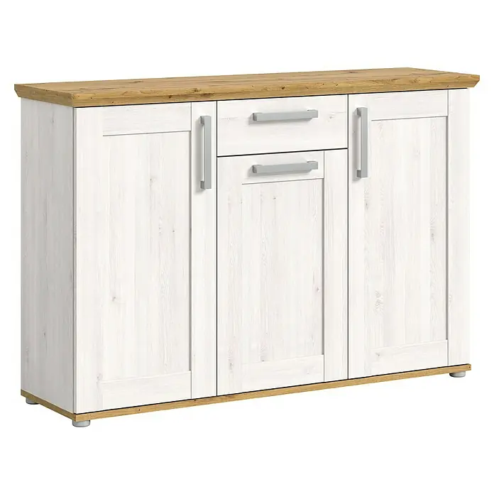 xonox.home Kommode - L x B x H: 39 x 137 x 88 cm, Weiß/Lärche, Anzahl Schubladen: 1 Stk. - Ein Sideboard in Weiß und Holzoptik. Das Möbelstück verfügt über Schubladen und Schranktüren mit silberfarbenen Griffen für einen modernen Look.