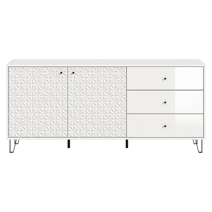 xonox.home Prisma Sideboard - L x B x H: 40 x 170 x 76 cm, Weiß, Anzahl Schubladen: 3 Stk., Anzahl Türen: 2 Stk. - Elegantes weißes Sideboard mit strukturierten Türen und Schubladen. Ein stilvolles Möbelstück für moderne Wohnräume.