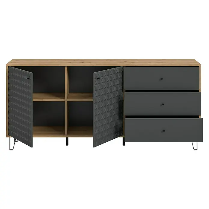 xonox.home Prisma Sideboard - L x B x H: 40 x 170 x 76 cm, Eiche/Anthrazit, Anzahl Schubladen: 3 Stk., Anzahl Türen: 2 Stk. - Das Sideboard präsentiert sich mit offenen Fächern, einer markanten Tür und Schubladen, die Stauraum bieten und ein elegantes Designelement darstellen.