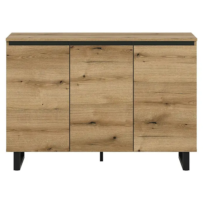 xonox.home Tomasa Sideboard - L x B x H: 36 x 120 x 84 cm, Evoke Eiche, Anzahl Türen: 4 Stk. - Moderne Anrichte aus hellem Holz mit drei Türen und schwarzem Gestell, ideal für Wohn- und Esszimmer. Praktisch und stilvoll.