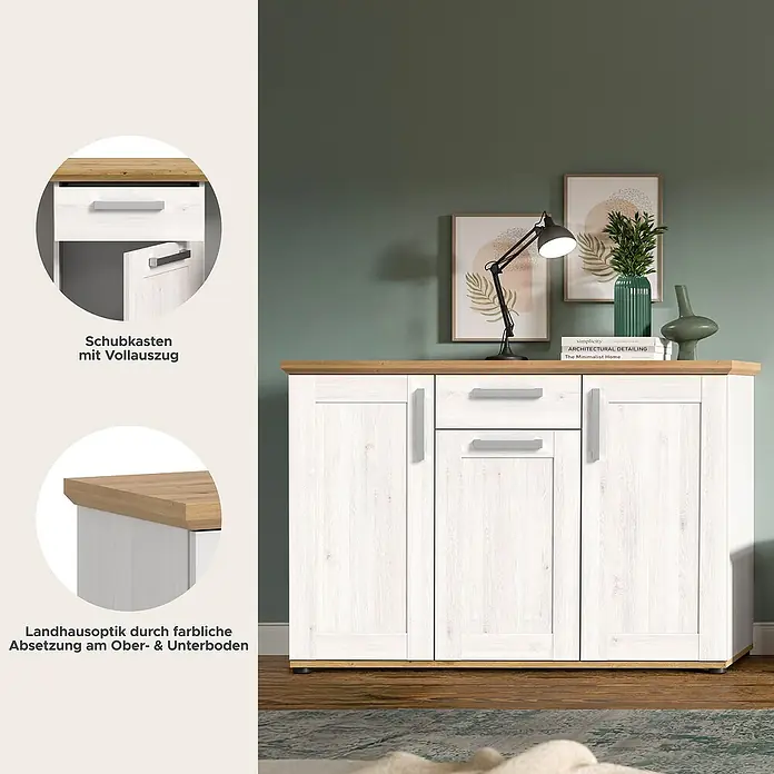 xonox.home Kommode - L x B x H: 39 x 137 x 88 cm, Weiß/Lärche, Anzahl Schubladen: 1 Stk. - Ein Sideboard im Landhausstil mit Schubladen und Türen, ideal für zusätzlichen Stauraum im Wohnbereich.