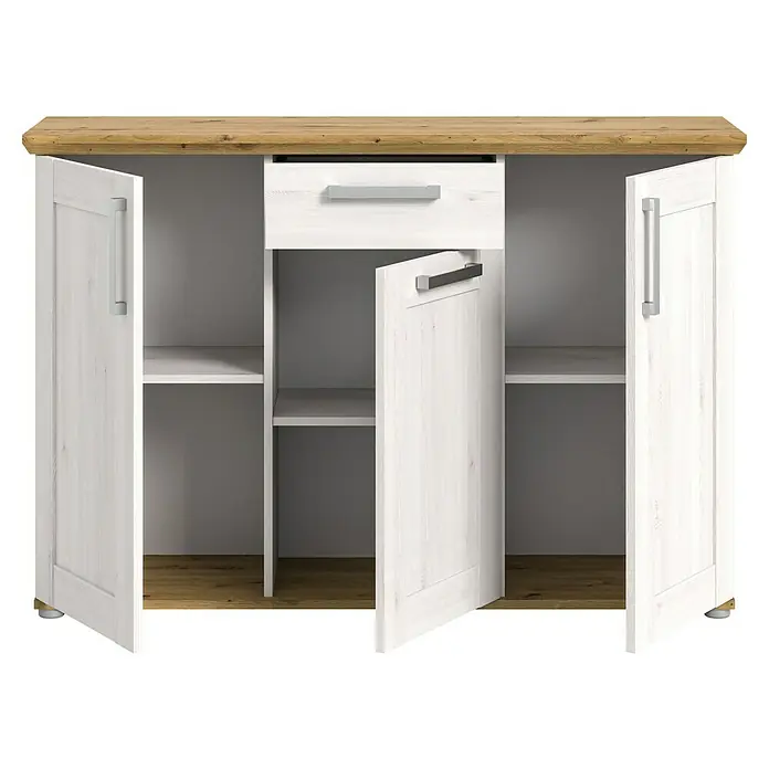 xonox.home Kommode - L x B x H: 39 x 137 x 88 cm, Weiß/Lärche, Anzahl Schubladen: 1 Stk. - Aufnahme eines Sideboards mit weißen Türen, einer Schublade und einem Holzeffekt-Oberteil, ideal für Wohn- und Esszimmer zur Aufbewahrung.