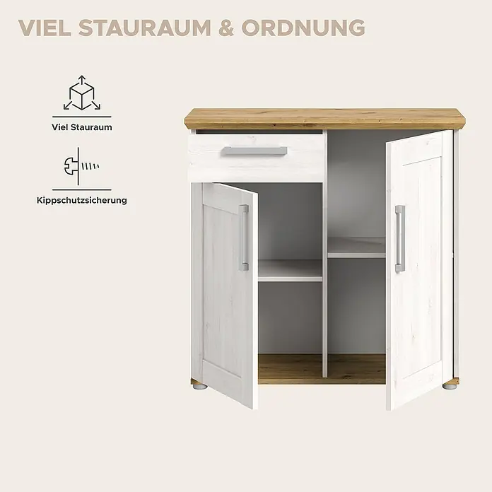 xonox.home Kommode - L x B x H: 39 x 90 x 88 cm, Weiß/Lärche, Anzahl Schubladen: 1 Stk. - Sideboard mit viel Stauraum und Kippschutzsicherung. Das Möbelstück bietet praktische Aufbewahrungslösungen.
