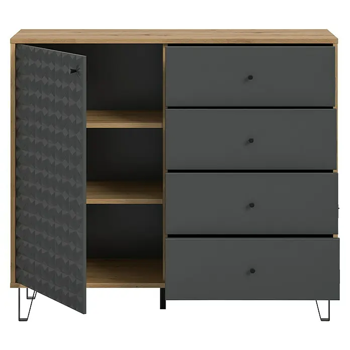 xonox.home Prisma Highboard - L x B x H: 40 x 110 x 96 cm, Eiche/Anthrazit - Modernes Sideboard in Holzoptik mit grauen Schubladen und strukturierter Tür für stilvolle Aufbewahrung.