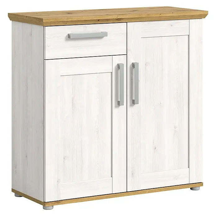 xonox.home Kommode - L x B x H: 39 x 90 x 88 cm, Weiß/Lärche, Anzahl Schubladen: 1 Stk. - Moderner weißer Holzschrank mit einer Schublade, zwei Türen und einer hellen Holzplatte für zusätzlichen Stauraum.