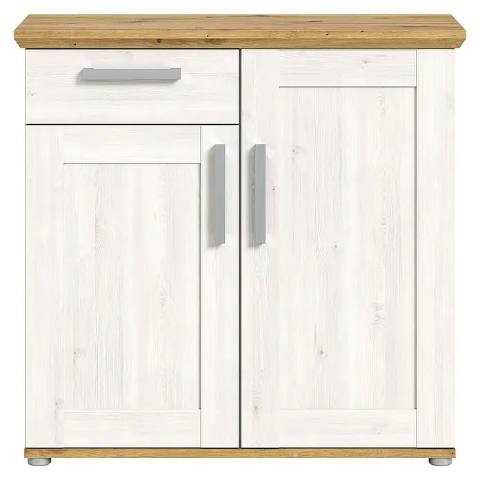 xonox.home Kommode - L x B x H: 39 x 90 x 88 cm, Weiß/Lärche, Anzahl Schubladen: 1 Stk. - Ein weißes Sideboard mit einer Schublade und zwei Schranktüren. Das Sideboard hat eine Holzplatte und Füße. Silberne Griffe sind an Schublade und Türen.