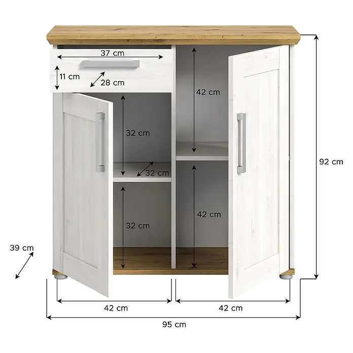 xonox.home Kommode - L x B x H: 39 x 90 x 88 cm, Weiß/Lärche, Anzahl Schubladen: 1 Stk. - Abmessungen des Sideboards in Weiß und Holzoptik, mit Schublade und zwei Türen. Eine praktische Ergänzung für Ihr Zuhause.