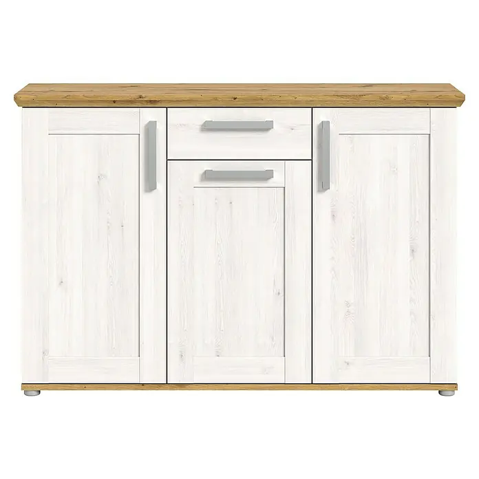 xonox.home Kommode - L x B x H: 39 x 137 x 88 cm, Weiß/Lärche, Anzahl Schubladen: 1 Stk. - Anrichte mit zwei Schubladen und zwei Schranktüren in Weiß und Holzoptik. Die Griffe sind aus silberfarbenem Metall.
