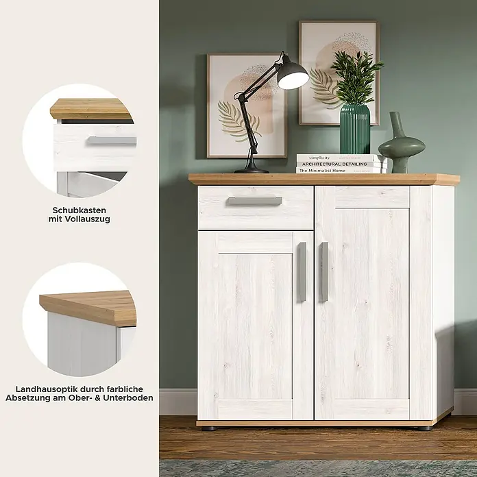 xonox.home Kommode - L x B x H: 39 x 90 x 88 cm, Weiß/Lärche, Anzahl Schubladen: 1 Stk. - Die Anrichte im Landhausstil besticht durch Schubkasten mit Vollauszug und farbliche Akzente am Ober- und Unterboden.