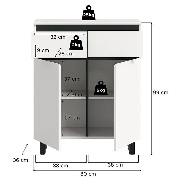 xonox.home Tomasa Kommode - L x B x H: 36 x 80 x 99 cm, Weiß, Anzahl Schubladen: 2 Stk. - Produktansicht eines weißen Sideboards mit Schubladen und Schrankfächern, inklusive Maßangaben und Gewichtsangaben der Traglasten.