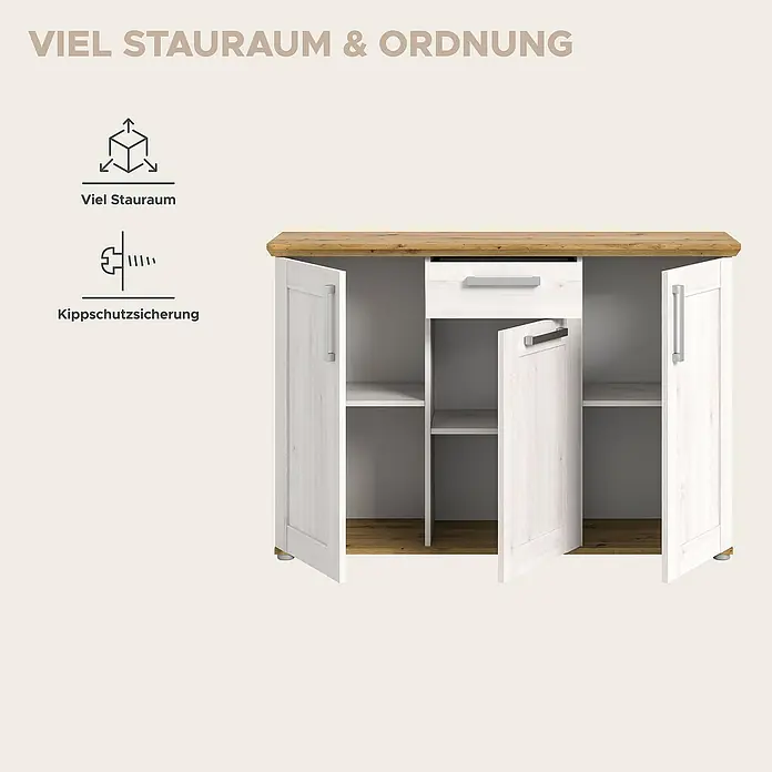 xonox.home Kommode - L x B x H: 39 x 137 x 88 cm, Weiß/Lärche, Anzahl Schubladen: 1 Stk. - Viel Stauraum & Ordnung: Ein Sideboard in Weiß mit Holzakzenten und offenen Türen bietet viel Platz und eine klare Struktur.