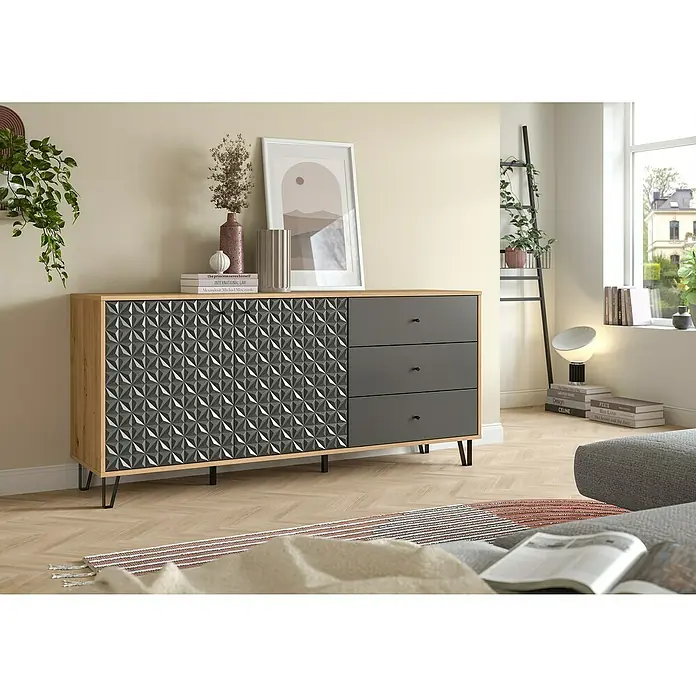 xonox.home Prisma Sideboard - L x B x H: 40 x 170 x 76 cm, Eiche/Anthrazit, Anzahl Schubladen: 3 Stk., Anzahl Türen: 2 Stk. - Modernes Sideboard mit auffälligem geometrischem Design und drei Schubladen in Grau. Perfekt für stilvolle Wohnräume.