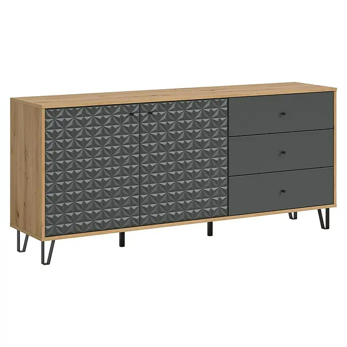 xonox.home Prisma Sideboard - L x B x H: 40 x 170 x 76 cm, Eiche/Anthrazit, Anzahl Schubladen: 3 Stk., Anzahl Türen: 2 Stk. - Modernes Sideboard in Holzoptik mit grauen 3D-Fronten und Schubladen, ideal für stilvolle Aufbewahrung im Wohnbereich.