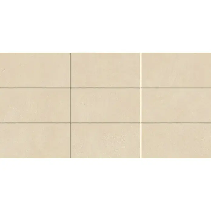 Atlas Concorde Solution Feinsteinzeugfliese Lexington - 30 x 60 cm, Gold, Matt - Nahaufnahme von beigen Keramikfliesen, die ein gleichmäßiges Muster mit feinen Fugenlinien bilden und eine elegante Textur zeigen.
