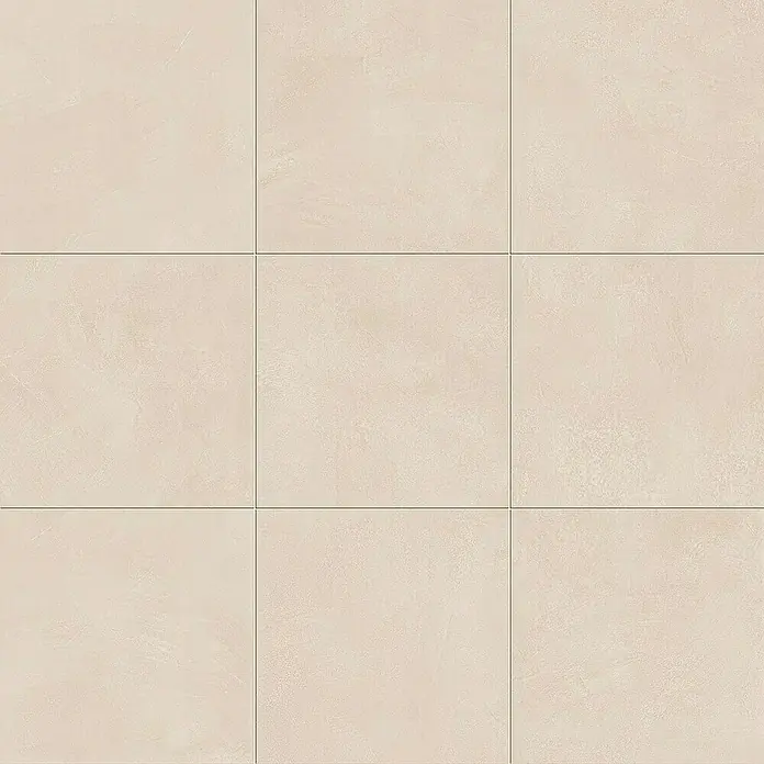 Atlas Concorde Solution Feinsteinzeugfliese Lexington - 60 x 60 cm, Lilium, Matt - Nahaufnahme von neun beigen Bodenfliesen, die ein quadratisches Muster bilden. Die Fliesen haben eine leicht strukturierte Oberfläche.
