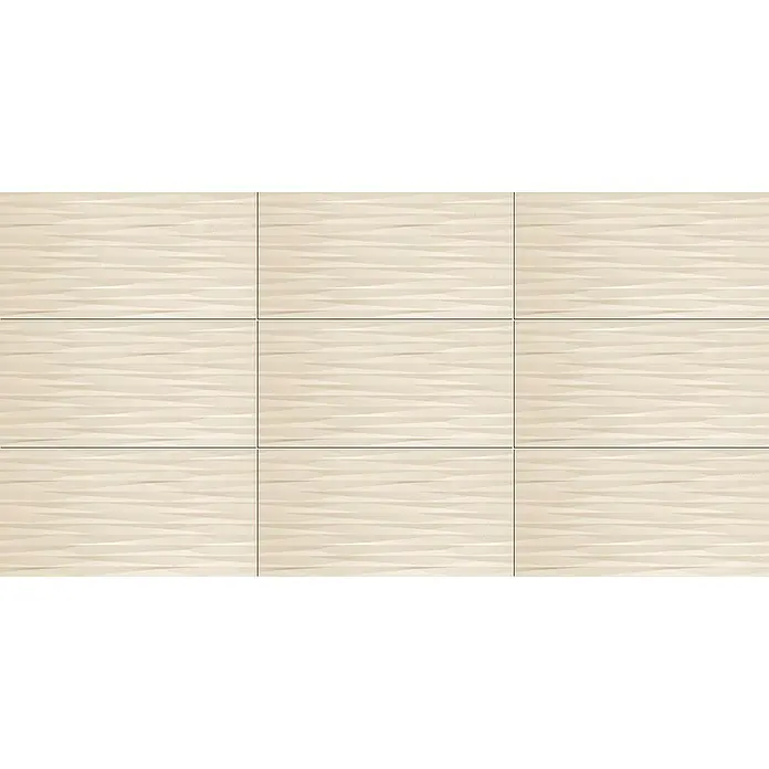 Corso Italia Wandfliese Lexington Drift 3D - 80 cm x 40 mm, Beige, Matt - Nahaufnahme von einer Wand aus hellbeigen Keramikfliesen mit einem modernen, wellenförmigen Design für stilvolle Innenräume.