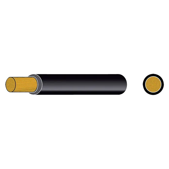 Batteriekabel Meterware - Querschnitt: 16 mm², Schwarz - Schwarzes Elektrokabel mit freiliegenden Kupferdrähten und Querschnittansicht, ideal für Stromversorgung.