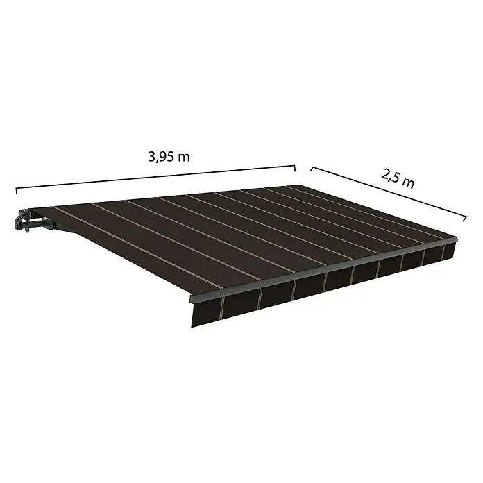 SmartSun Toldo de brazos extensibles Noir Limited Edition Kit - Gris oscuro, Ancho: 4 m, Caída: 2,5 m - Un toldo marrón a rayas con las dimensiones de 3,95 m x 2,5 m.