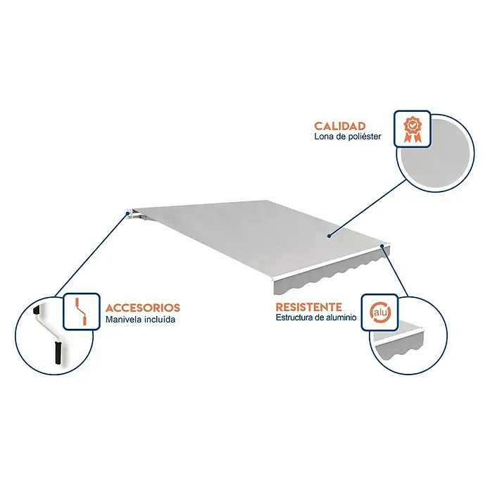 SmartSun Toldo de brazos extensibles Easy Lite - Gris piedra, Ancho: 2,5 m, Caída: 2 m - Toldo con lona de poliéster, estructura de aluminio y accesorios. Manivela incluida para fácil manejo.