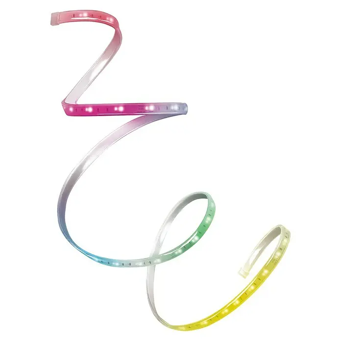 Osram Smart+ LED-Band Flex außen - Länge: 300 cm, Lichtfarbe: RGBW, 12,5 W, 740 lm, 220 V - 240 V - Nahaufnahme einer flexiblen LED-Leiste, die in verschiedenen Farben leuchtet und sich spiralförmig windet. Ideal zur Dekoration und Akzentbeleuchtung.