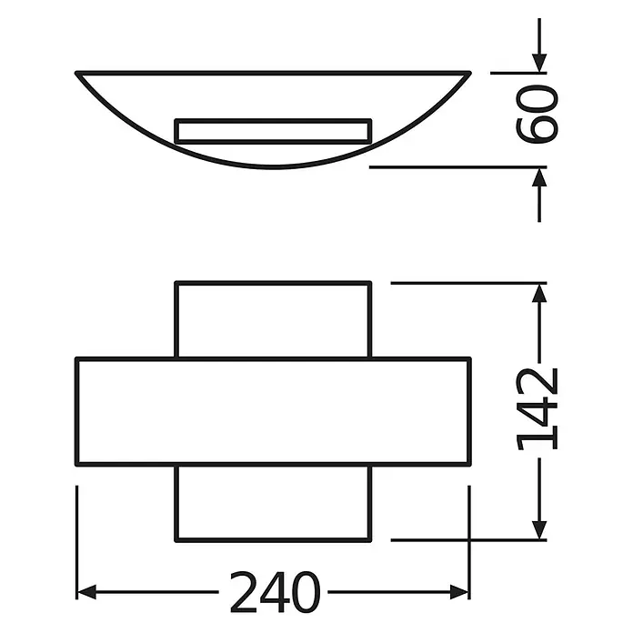 Osram LED-Außenwandleuchte Endura Style Shield - 6 x 24 x 14,2 cm, Dunkelgrau - Technische Zeichnung eines Waschbeckens mit den Maßen 240x142x60 mm zur Veranschaulichung der Produktabmessungen.