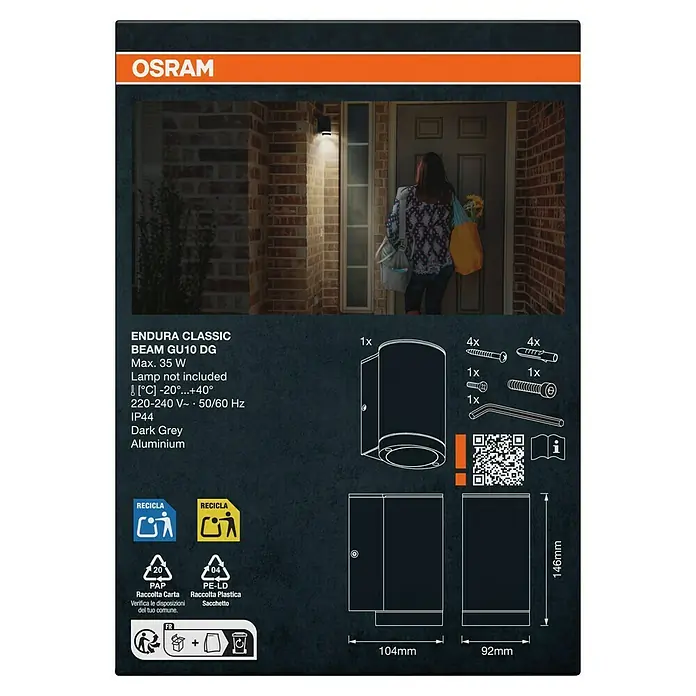 Osram Endura Classic Außenwandleuchte Beam - 35 W, 10,4 x 9,2 x 14,6 cm, Dunkelgrau, IP44 - Produktverpackung für die Osram Endura Classic Beam GU10 DG Außenleuchte in Dunkelgrau aus Aluminium mit technischen Details und Montagehinweisen.