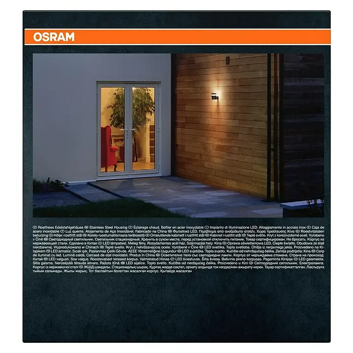 Osram Solar-Außenwandleuchte Wall - 6 W, L x B x H: 15 x 10,2 x 13,5 cm, IP44, 360 lm - Moderne LED-Außenleuchte von Osram mit Edelstahlgehäuse für stilvolle Beleuchtung im Außenbereich.