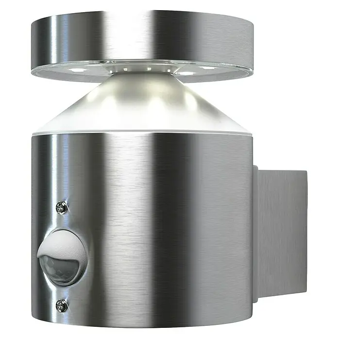 Osram Solar-Außenwandleuchte Wall - 6 W, L x B x H: 15 x 10,2 x 13,5 cm, IP44, 360 lm - Nahaufnahme einer modernen Außenleuchte aus gebürstetem Metall mit Bewegungssensor, ideal für die Beleuchtung von Hauseingängen.