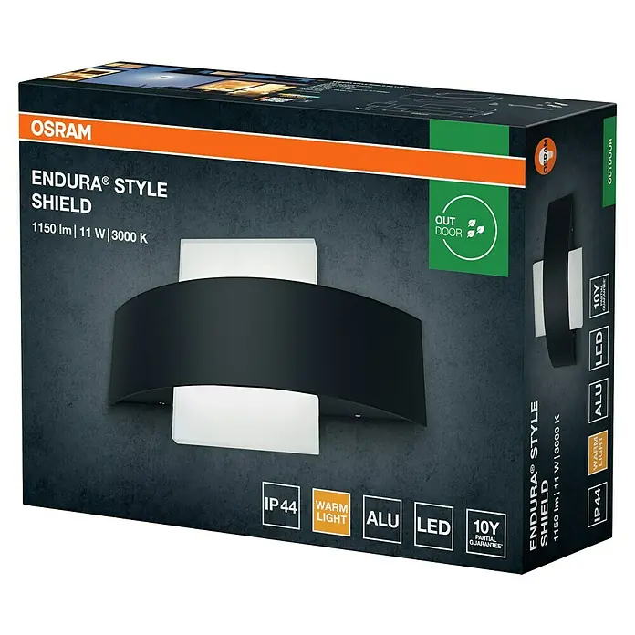 Osram LED-Außenwandleuchte Endura Style Shield - 6 x 24 x 14,2 cm, Dunkelgrau - Die Osram Endura Style Shield Außenleuchte: modernes Design, 1150 Lumen Lichtstärke, 11 Watt Leistung und eine Farbtemperatur von 3000 Kelvin.