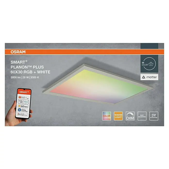 Ledvance Smart+ LED-Panel - 28 W, L x B x H: 60 x 30 x 5,6 cm, Weiß, RGBW - Abbildung der OSRAM SMART+ Planon™ Plus 60x30 RGB+W Deckenleuchte, die intelligente Beleuchtung mit Farbwechselfunktionen bietet.