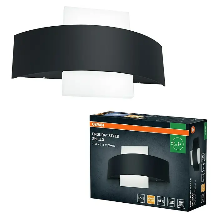Osram LED-Außenwandleuchte Endura Style Shield - 6 x 24 x 14,2 cm, Dunkelgrau - Eine moderne OSRAM ENDURA Style Shield Außenleuchte in Schwarz, die sowohl stilvoll als auch funktional ist, zusammen mit der Produktverpackung.