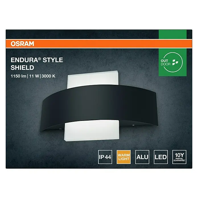 Osram LED-Außenwandleuchte Endura Style Shield - 6 x 24 x 14,2 cm, Dunkelgrau - Das Bild zeigt die moderne OSRAM ENDURA® STYLE SHIELD Außenleuchte mit 1150 lm, 11 W und 3000 K, ideal für die Außenbeleuchtung.