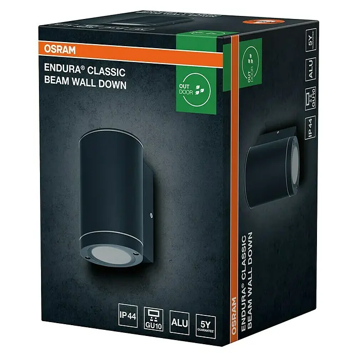 Osram Endura Classic Außenwandleuchte Beam - 35 W, 10,4 x 9,2 x 14,6 cm, Dunkelgrau, IP44 - Abbildung der Verpackung einer Osram Endura Classic Beam Wandleuchte für den Außenbereich, mit Produktbild und wichtigen Merkmalen.