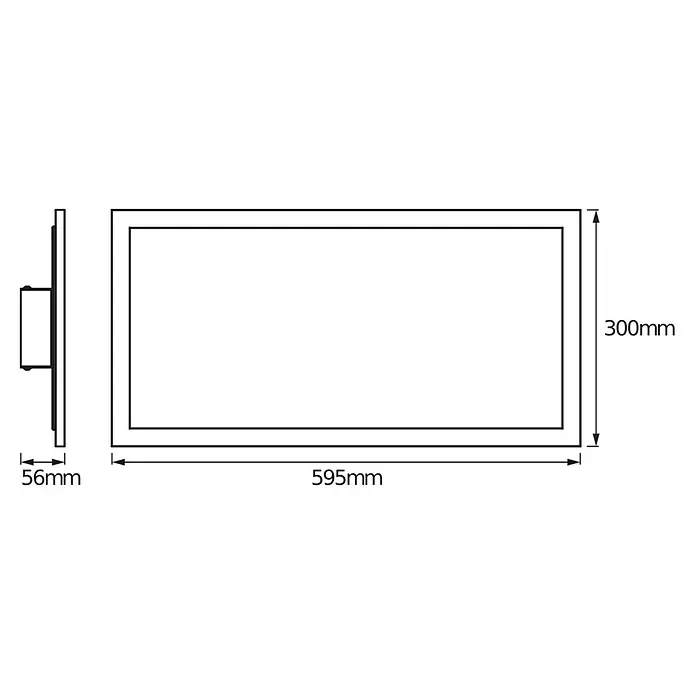 Ledvance Smart+ LED-Panel - 28 W, L x B x H: 60 x 30 x 5,6 cm, Weiß, RGBW - Abbildung eines rechteckigen LED-Spiegels mit den Maßen 595 mm x 300 mm und einer Tiefe von 56 mm.