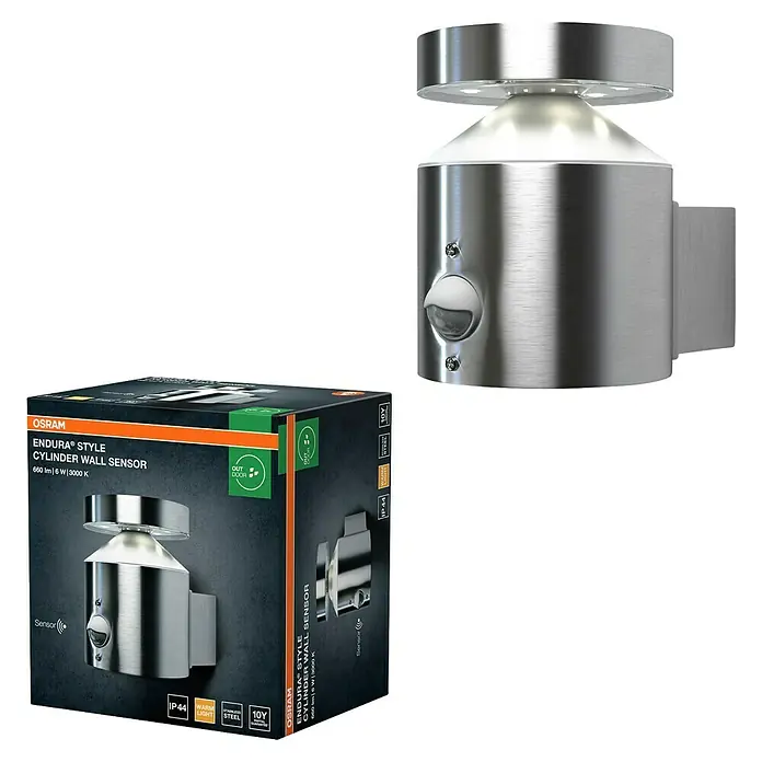 Osram Solar-Außenwandleuchte Wall - 6 W, L x B x H: 15 x 10,2 x 13,5 cm, IP44, 360 lm - Produktbild: OSRAM Endura Style Cylinder Wandleuchte mit Sensor, Edelstahloptik, ideal für den Außenbereich.