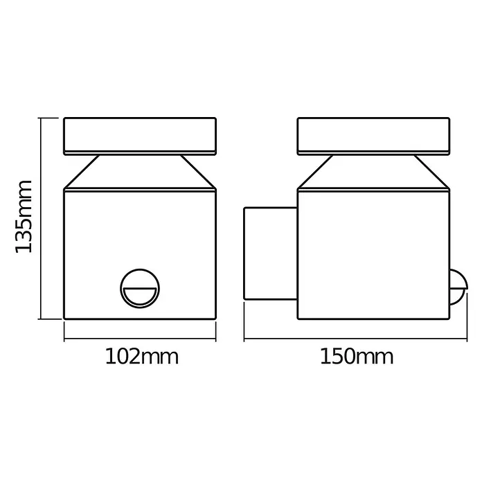 Osram Solar-Außenwandleuchte Wall - 6 W, L x B x H: 15 x 10,2 x 13,5 cm, IP44, 360 lm - Produktzeichnung eines quadratischen Deckenspots mit Maßangaben (135mm Höhe, 102mm/150mm Breite) zur Visualisierung der Produktabmessungen.