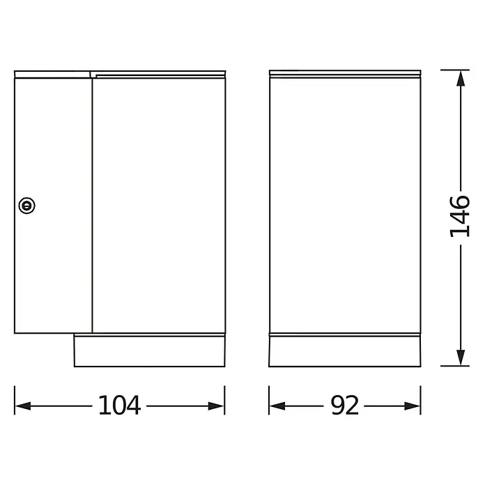 Osram Endura Classic Außenwandleuchte Beam - 35 W, 10,4 x 9,2 x 14,6 cm, Dunkelgrau, IP44 - Abbildung eines Badezimmerschranks mit den Maßen 146 mm Höhe, 104 mm Breite und 92 mm Tiefe, dargestellt in einer technischen Zeichnung.