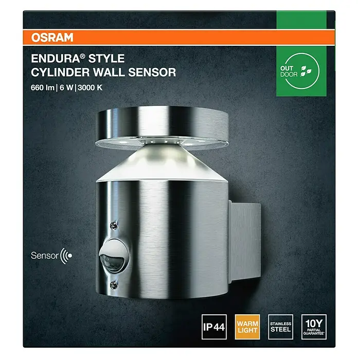 Osram Solar-Außenwandleuchte Wall - 6 W, L x B x H: 15 x 10,2 x 13,5 cm, IP44, 360 lm - Abbildung einer Osram Endura Style Zylinder Wandleuchte mit Bewegungssensor, ideal für den Außenbereich mit warmweißem Licht.
