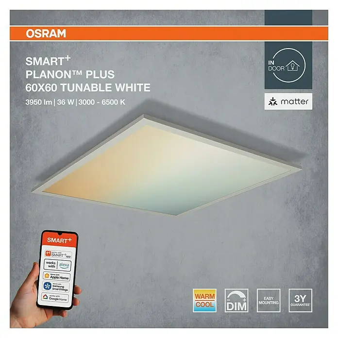 Ledvance Smart+ LED-Panel - 36 W, L x B x H: 60 x 60 x 5,6 cm, Weiß, Neutralweiß - Das Bild zeigt eine OSRAM SMART+ PlanonTM PLUS 60x60 tunable white Deckenleuchte mit Dimmfunktion und verschiedenen Smart Home Integrationen.
